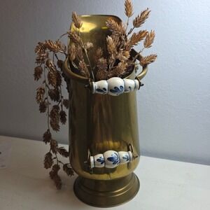 Vintage Brass Coal Scuttle Bucket with Ceramic Blue Delft Handles Lion Head